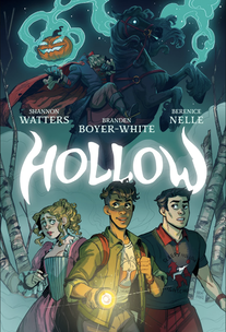 Cover of Hollow. Izzy is out front holding a flashlight and looking up. To her right is Vicky in her a traditional gown she wears for reenacting the Legend. To Izzy's left is Croc, who is wearing a grey shirt and red pants. Izzy has on a green jacket and her backpack, which has red straps. Above the word 