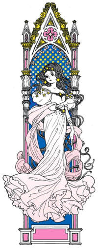 Illustration of Alera's dress of starlight in front of an intricately framed window