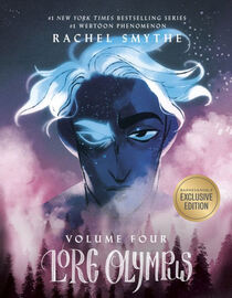 Cover of Lore Olympus volume 4. Hades looks out over a grove of pine trees as pink smoke billows up from around them. One of his eyes glows blue.