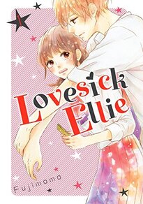 Cover of Lovesick Ellie vol 1. Eriko has her phone in her hands. She's wearing a white shirt and a skirt that has swirls of reds, yellows, purples, and blues. She's looking over her shoulder at Ohmi, who has his arms draped over Eriko's shoulders. He's also in a white shirt.