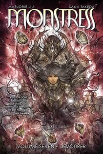 Cover of Monstress volume 7, Maika is holding a vicious red sword and she's in full battle armor. Behind her is Zinn in his full body. Around the two are the fragments of the mask and tendrils of black power. Encircling them is a red light with lots of shadows.