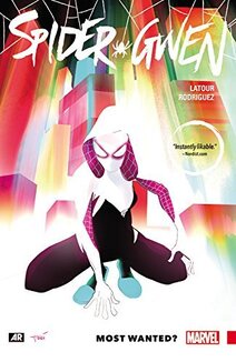 Cover of Spider Gwen volume 0. Gwen is in her spider outfit, crouched down ready to jump. She has a very dark pink body suit. The upper part of her suit is white, and she has pink webbing under her arms and under the hood of her cowl. Her eye slots are outlined in pink. Behind her are multi-color blocks that looks like a city-scape.