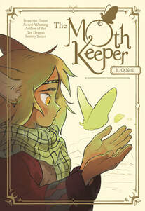 cover of The Moth Keeper. Anya holds out her hand for a moth, which is glowing yellow. She's wearing a brown, long-sleeve tunic and has a plaid scarf around her neck. Her chestnut hair falls around her face, and her long ears stick through her hair.