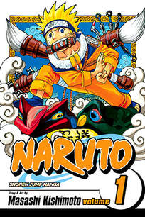 Cover of Naruto volume 1. Naruto is jumping over the title of the book with a sword in his mouth. He has fox tails behind him and he's in an orange ninja suit.