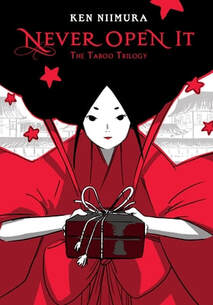 Cover of Never open it. The queen of the ocean, clad in a beautiful red kimono, holds a box tied closed with string.