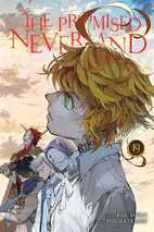 Cover of The Promised Neverland volume 19 where Emma is looking up into a beautiful sunset