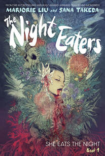 Cover of The Night Eaters volume 1. Ipo, in her younger days, with a white flower in her ear and blood trailing out of her mouth. Around her are some flowering plants and also skulls sticking out of the flowers. 