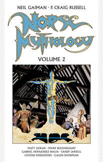 Cover of Norse Mythology volume 2. A god is in the middle of a great hall, and it looks like he is 