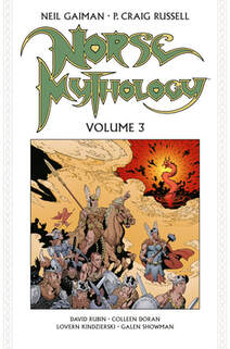 Cover of Norse Mythology volume 3. Norse gods are assembled with their weapons, some on horses, while a fiery serpent comes towards them from the top right corner.