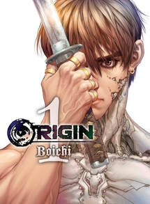 Cover of Origin volume 1. Origin is holding his katana with one hand that is covered in skin while the rest of his body is exposed to his metal exoskeleton. His one visible eye is staring intensely at us. His brown straight hair is falling around his eye.