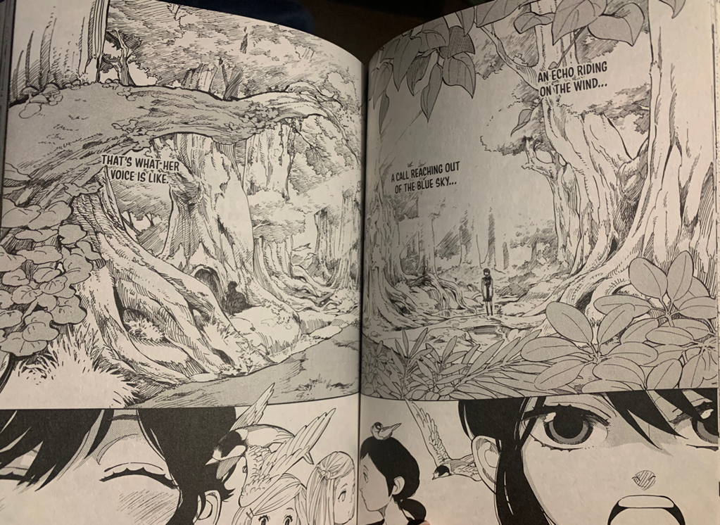 A two-page spread with Aoi standing in the middle of a forest of large trees and lush plants. Below the forest are two choir members singing with their mouths fully open.