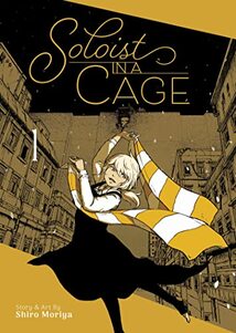 Cover of Soloist in a cage vol 1. Chloe twirls around in a black dress with a orange and white scarf. The cover is mostly orange and black. Behind her is a snow-covered city.