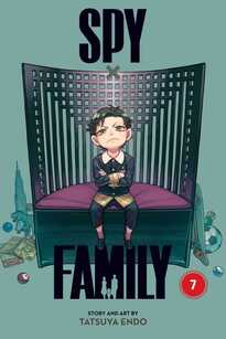 Cover of Spy x Family volume 7. Damien sits on a large chair with his arms crossed, looking rather annoyed.