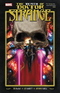Cover of The Death of Doctor Strange. Doctor Strange is floating in front of a giant skull.