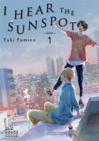 Cover of I Hear the Sunspot volume 3. Kōhei is sitting on the ledge of a roof overlooking some of the city. Taichi is balancing and smiling on the ledge next to Kōhei.