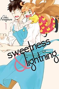 Cover of Sweetness and Lightning volume 1. Tsugumi is wrapped around Inuzuke's neck as if she's jumped on his back. He's shocked and holding something that he's working on with his hands. Inuzuke has a blue apron on over his white button-up shirt. Tsugumi has a red dress with yellow shapes, and a yellow shirt underneath. Her fuzzy brown hair is flying everywhere.