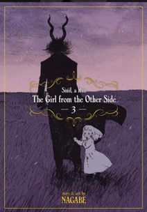 Cover of The Girl from the Other Side volume 3. Shiva is clutching to Teacher's pant, while teacher is looking off into the distance. The background is muted purple of a sunset.
