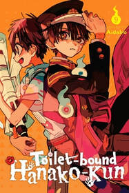 Cover of Toilet-Bound Hanako-kun volume 9. Hanako and his bother are bathed in orange light and surrounded by little spirits. 