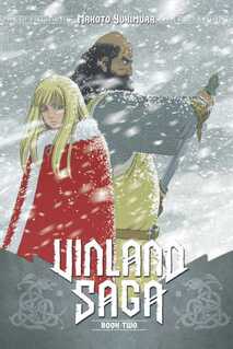 Cover of Vinland Saga volume 2. The Danish prince, wearing a red, fur-lined robe, and his protector, who is unsheathing is sword, are caught in a snowstorm.