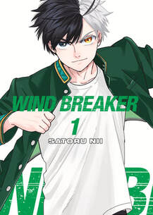 Cover of Wind Breaker volume 1. Sakura has a dark green Furin jacket on over a white t-shirt. Half of his head of hair is black while the other half is white. He has one orange eye and one green eye looking at us and he's smirking.