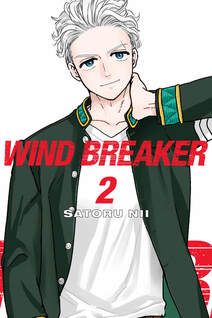 Cover of Wind Breaker volume 2. Umemiya has one had on his neck in a very GQ men's magazine pose. He's wearing his Furin high blazer on top of a white t-shirt. He's smiling slightly and has a scar above his left eye. His white hair is slightly messy.