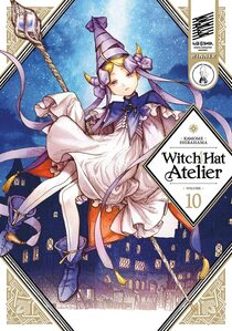 Cover of Witch Hat Atelier volume 10. One of the brimmed hat witches floats in front of a city scape at night.