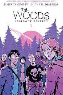 Cover of The woods volume 1. The teens are mostly standing around in a group and looking back at us, arranged with their backpacks and ready to go off into the woods, which are purple and behind them. Behind the trees is a pink planet with a lighter pink ring.
