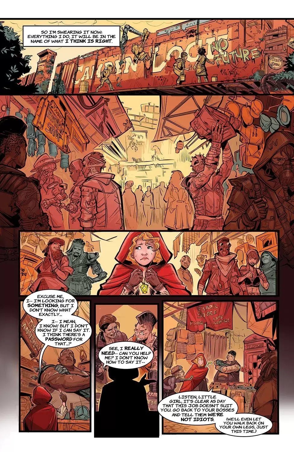 One page of the Least We Can Do comic. Uriel walks through a crowd holding her stolen Justice Stone, looking around at everyone and hoping and hoping not to be caught.