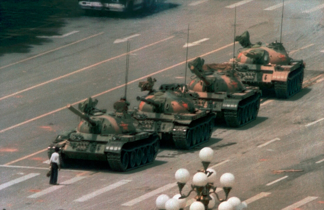 Famous photo, Tank Man, from the Tiananmen Square Massacre