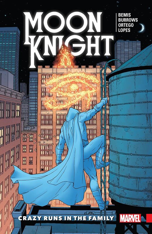 Cover of Moon Knight Vol 1 by Max Bemis. Moon Knight is scaling a water tank while looking at the side of a building. It's burning in the shape of Ra's eye.