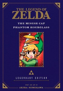 Cover of The Legend of Zelda, Legendary Edition: Minish Cap & Phantom Hourglass. Link holds his sword and has the minish cap on, which looks kind of like the top half of a duck.