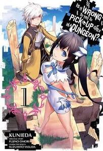 Cover of Is It Wrong to try to pick up girls in the dungeon volume 1. Hestia stands in front with her hands behind her back and her breasts pronounced and forward. Bell is behind her with his full-length yellow and brown tunic on.