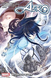 Cover of Aero volume 1. Aero is in a skin-tight white suit with dark blue lines emphasizing her contours. She has a light blue cape made of wind. Behind her is her mentor and nemesis in profile, looking at us with one crazy orange eye.