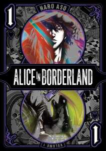 Cover of Alice in Borderland volume 1. The cover looks kind of like a playing card with a circle for Arisu's face on one half of the card, and the face of their attacker on the bottom. Their attacker has the head of a scared horse. The rest of the cover is grey and black and depicts some scenes that look like Wonderland, like a giant chess board, a forest, and other plant life.