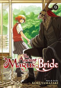 Cover of The Ancient Magus' Bride volume 9. Chise is walking out of a sliding door into the green forest behind the house. She's pulling Elias along with her by the hand. Elias is currently sitting, but seems as if he's about to stand. Chise is wearing a red knit vest on top of a white shirt, and she has a brown skirt on. Elias is in his normal long, flowing black robe over top his black suit.