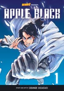 Cover of Apple Black volume 1. Sano is draped in a flowing white cape. His special wand, which is his left arm, is out in front of him, clenched in a fist. He is smirking. His black hair is also flowing but it's tied behind in a pony tail.