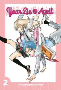 Cover of Your Lie in April volume 2. Kaori and Kōsei and tumbling across the cover frenetically. 