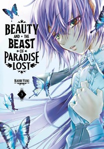 Cover of Beauty and the Beast of Paradise Lost volume 3. Belle is in a high-collared white button-up shirt that also extends all the way to her wrists. Her lilac hair is billowing all around her, and there is a sadness in her amber eyes. There are a few blue butterflies flying around her.