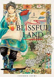 Cover of Blissful land volume 1. Khang is walking through the wilderness in his every-day green tunic, black pants, and boots. Around him, the land is lush with flowering plants and green grass.