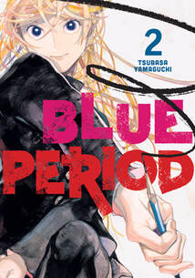 Cover of Blue Period volume 4. One of Yatora's blonde classmates holds a drawing pencil in one hand and is drawing swirls on the 