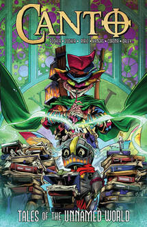 Cover of Canto volume 2.5 and 3.5. Canto is standing in the center reading from a book, and there are stacks of books around him. Behind him is The Bard, a magical being with patchwork clothes, a green cape, and a red hat. He glares evilly at Canto.