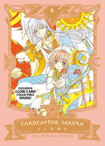 Cover of Cardcaptor Sakura volume 6. Sakura and Yue, her guardian of Moon magic, are sitting next to each other with Yue's arm around Sakura protectively. They're borh wearing flowing white garments with pops of blue and yellow. Behind Yue is Kero-Chan in his lion form.