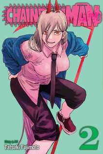 Cover of Chainsaw Man volume 2. Power is posing in a slightly seductive manner. She's wearing her Demon fighting outfit of a long button-up shirt and black pants, though everything has a pink tint to it.