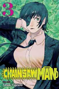 Cover of Chainsaw Man volume 3. Himeno is holding her palm to her cheek just below the eyepatch covering her right eye. Her black tie sways in the wind, as does her black jacket over her white button-up shirt.