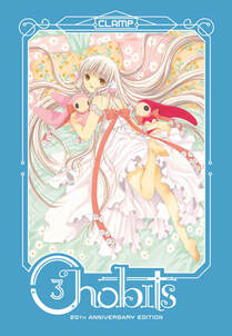 Cover of Chobits volume 3. Chi is in a frilly white dress with two stuffed 