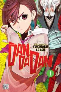 Cover of Dandadan volume 1. Momo is in a pink long sleeve shirt with a white collar. She's looking at us fiercely with furrowed eyebrows. behind her is the penis-eating grandma ghost who has lots of flowing white hair, a gaping mouth, glasses, and bluish clothing.