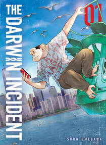 Cover of The Darwin Incident volume 1. Charlie is hanging off the torch of the Statue of Liberty. He's in khakis and a t-shirt. In one hand he has a cell phone and it looks like he's casually scrolling on his phone. Behind him is the skyscraper skyline of New York City and the Hudson River.