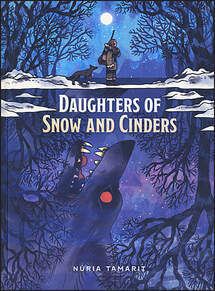 Cover of Daughters of Snow and Cinders. Below a frozen lake is a side profile of a wolf spirit with a red eye and sharp teeth looking up at a young girl and her three legged dog. She's walking across the snowy lake. There's a full moon above her. Around her are trees with no leaves on them.