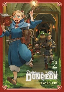 Cover of Delicious in Dungeon volume 2. One of the party members is running away from monsters while holding a book. She's wearing a blue tunic with blue pants.