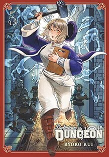 Cover of Delicious in Dungeon volume 5. Falin is running away with a cutting board in her hands. There are ghosts flying towards her from behind.